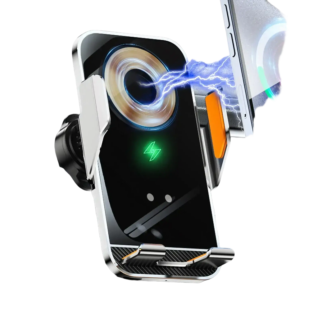 Wireless charging phone holder with auto clamping in sleek black and silver design with orange side clip accent