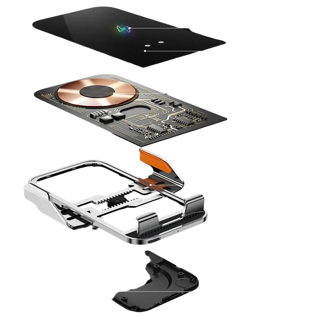 Wireless charging phone holder with auto clamping features a sleek composite frame, tempered glass top, and built-in lithium battery