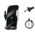 Silver wireless charging phone holder with auto clamping feature and carbon fiber accents in a sleek modern design