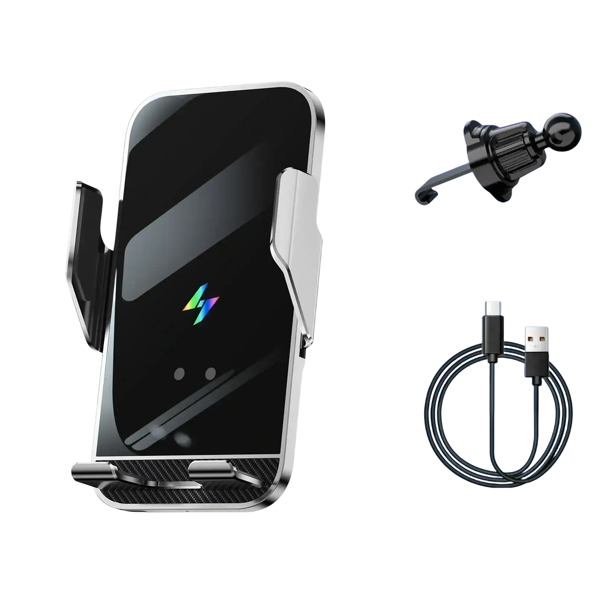 Silver wireless charging phone holder with auto clamping feature and carbon fiber accents in a sleek modern design