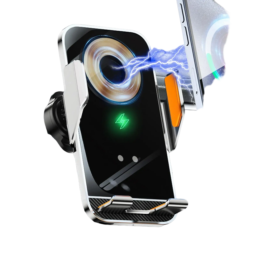 Silver and black wireless charging phone holder with auto clamping and 15w wireless charger indicator light