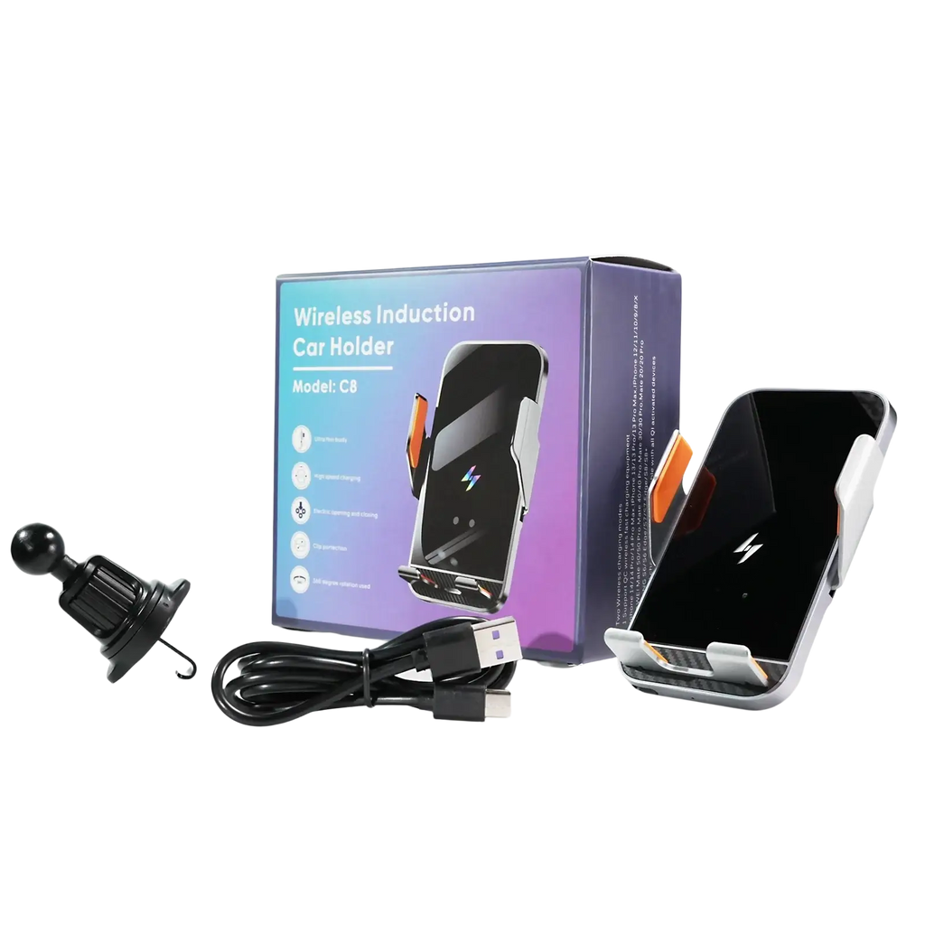 Silver and black wireless charger phone holder model c8 with orange accents featuring wireless charging and auto clamping