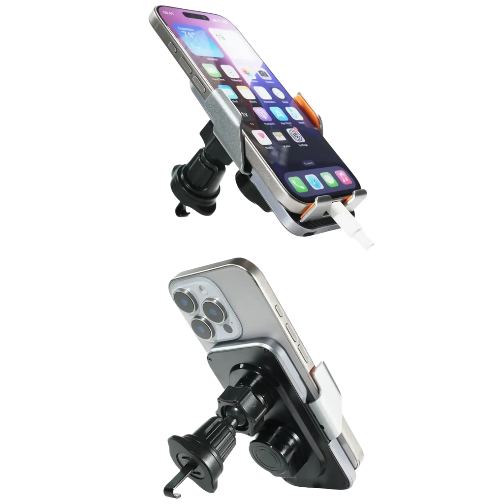 Silver and black wireless charging phone holder with auto clamping adjustable clamp and suction cup base for cars