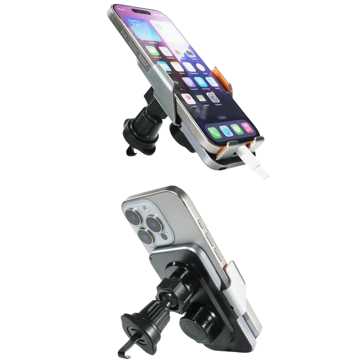 Silver and black wireless charging phone holder with auto clamping adjustable clamp and suction cup base for cars