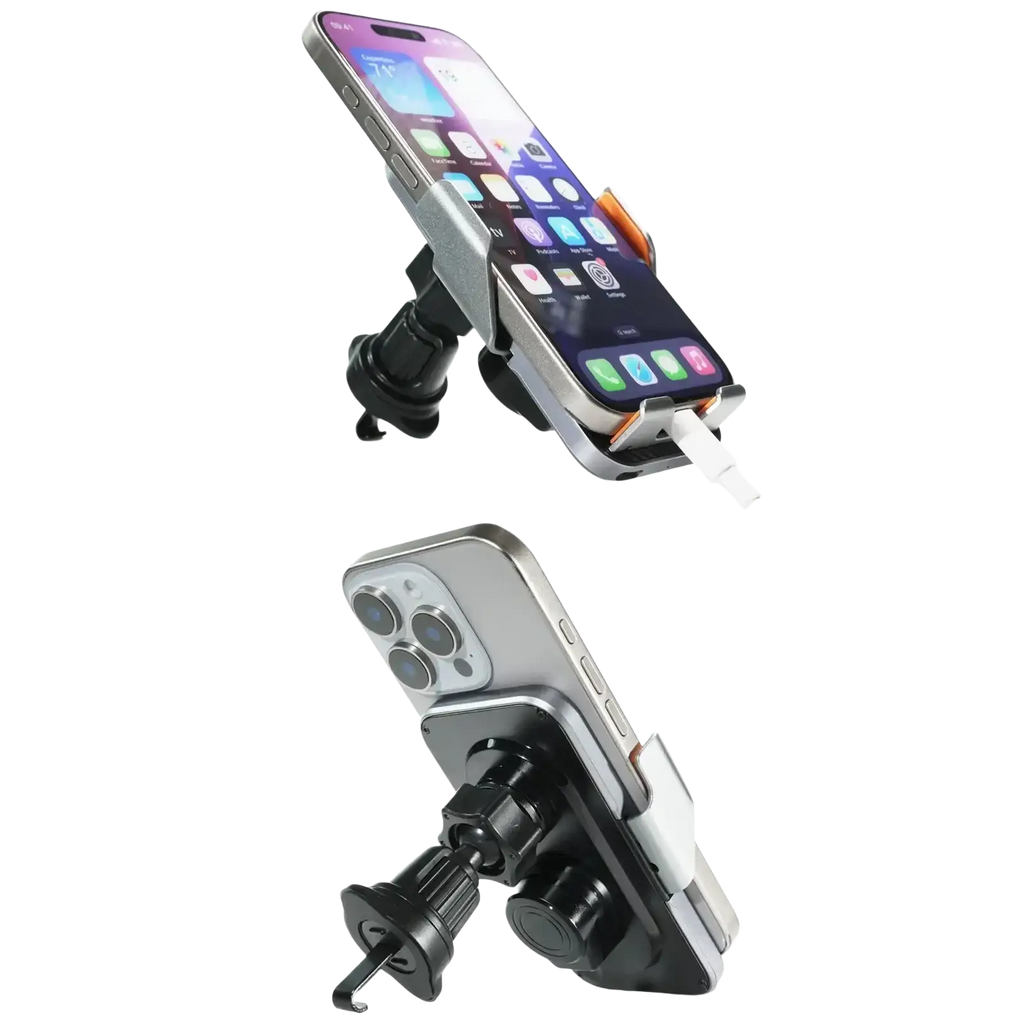 Silver iPhone mounted in a black and silver wireless charging phone holder with auto clamping adjustable clamp