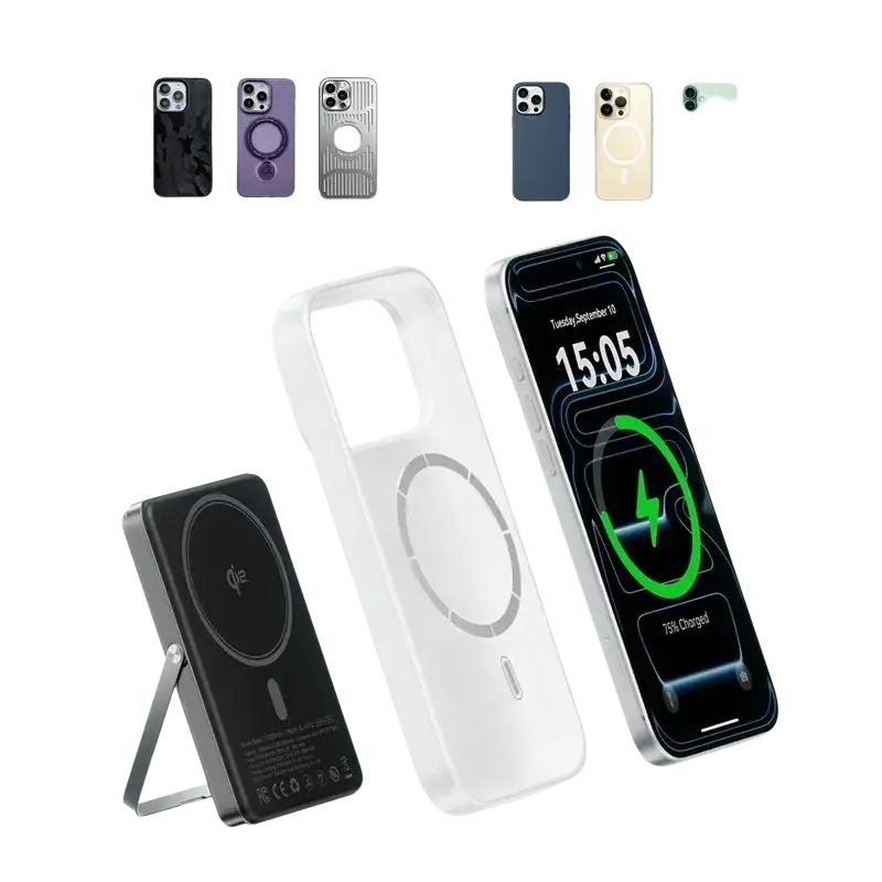 Black magnetic wireless charging power bank with stand and circular pad design supporting 20w wired charging