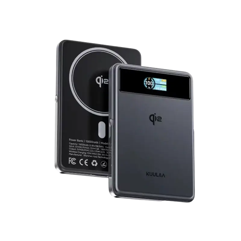 Black rectangular qi2 power bank with 10000mah capacity 20w wired and wireless charging digital display showing 100 percent charge kuulaa