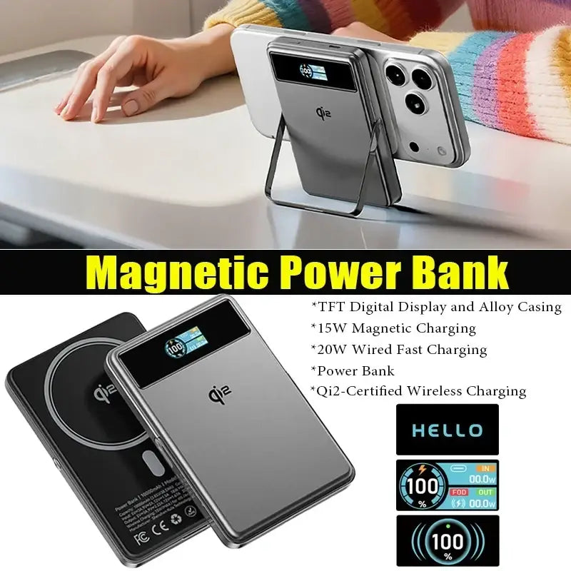 Silver alloy wireless charging power bank 10000mah with tft display and 20w wired qi2-certified charging