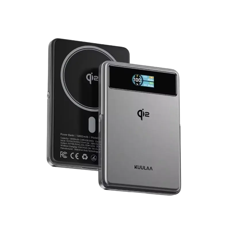 Silver metallic kuulaa qi2 wireless charging power bank 10000mah 20w wired with digital display and magnetic coil back view