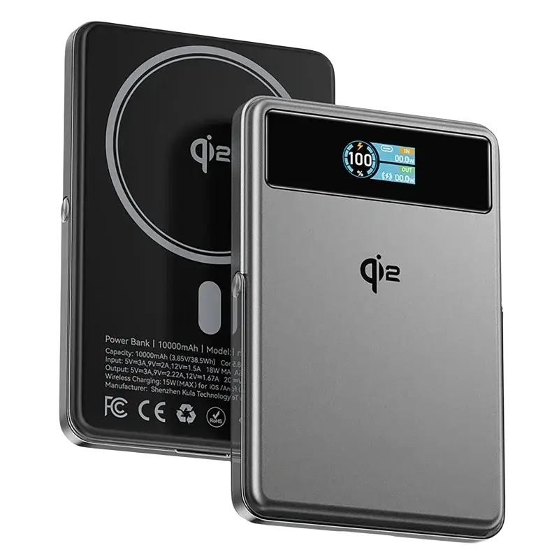 Silver qi2 wireless charging power bank 10000mah 20w wired with digital display showing 100 percent charge and output specs