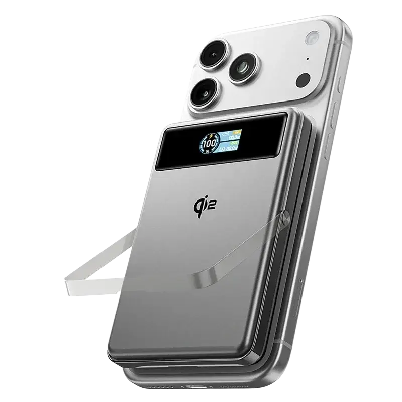 Silver qi2 foldable phone with 10000mah battery and built-in screen showing charging status with 20w wired wireless charging power bank