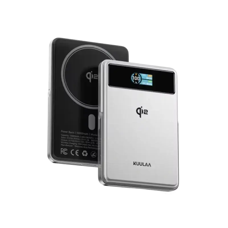 Silver rectangular wireless charging power bank 10000mah 20w wired with digital display and black magnetic charging pad on back side