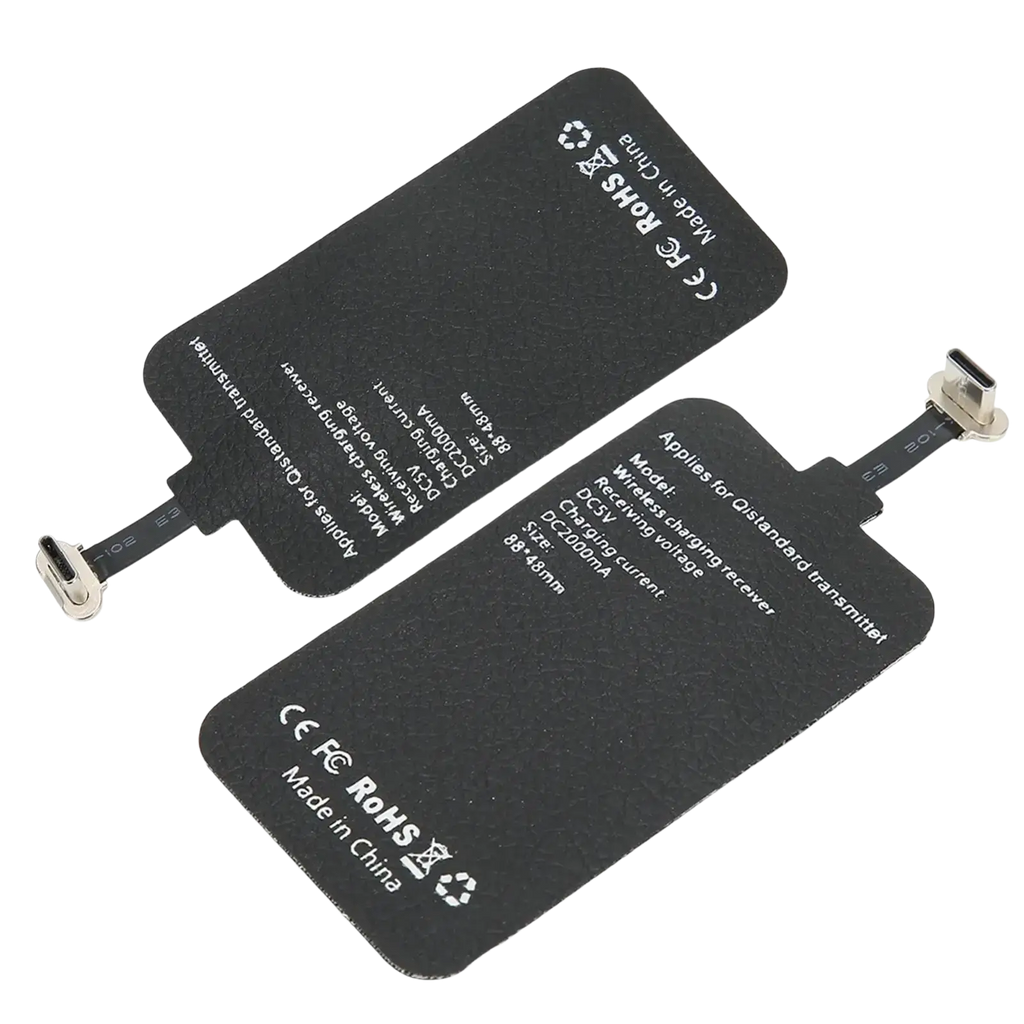 Black wireless charging receiver pads with metallic usb-c connectors for 10w wireless charging receiver use