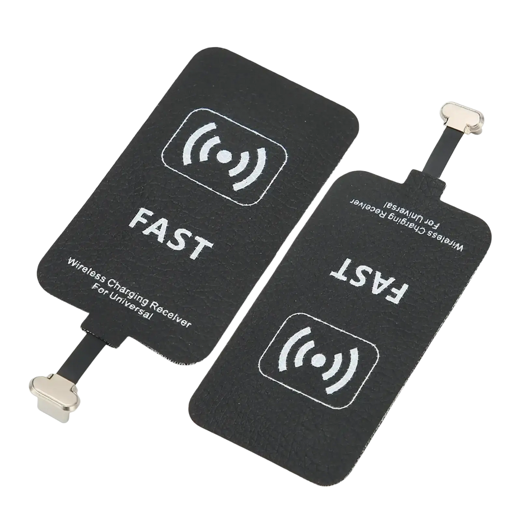 Black rectangular wireless charging receiver pads with white fast branding and metallic type c connectors for wireless charging