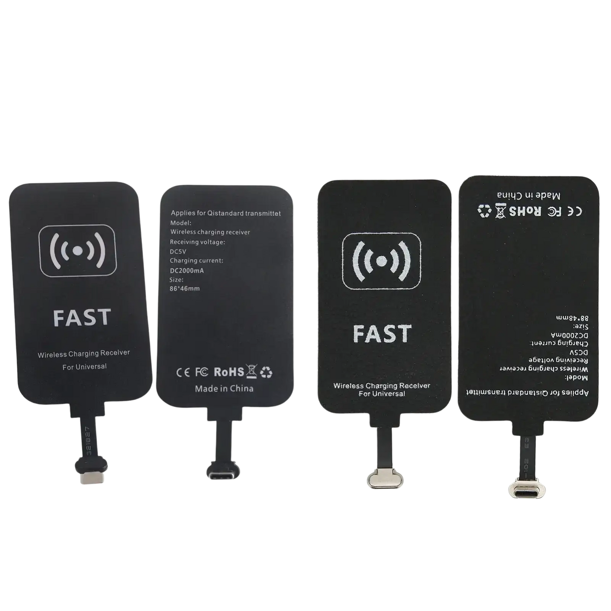 Black rectangular wireless charging receiver with white logo and usb-c port for 10w wireless charging receiver use