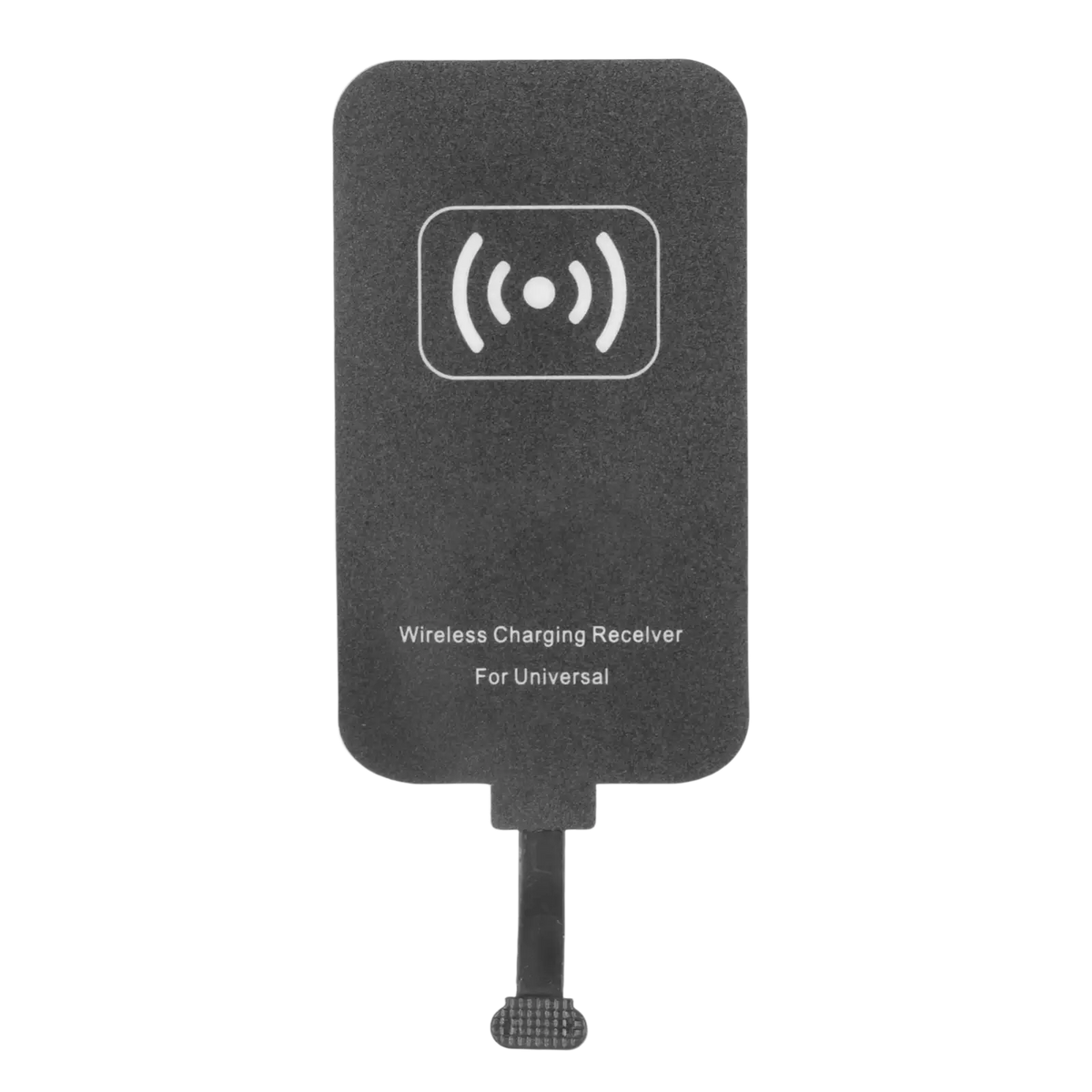 Black wireless charging receiver with textured surface and white icon designed for universal wireless charging compatibility