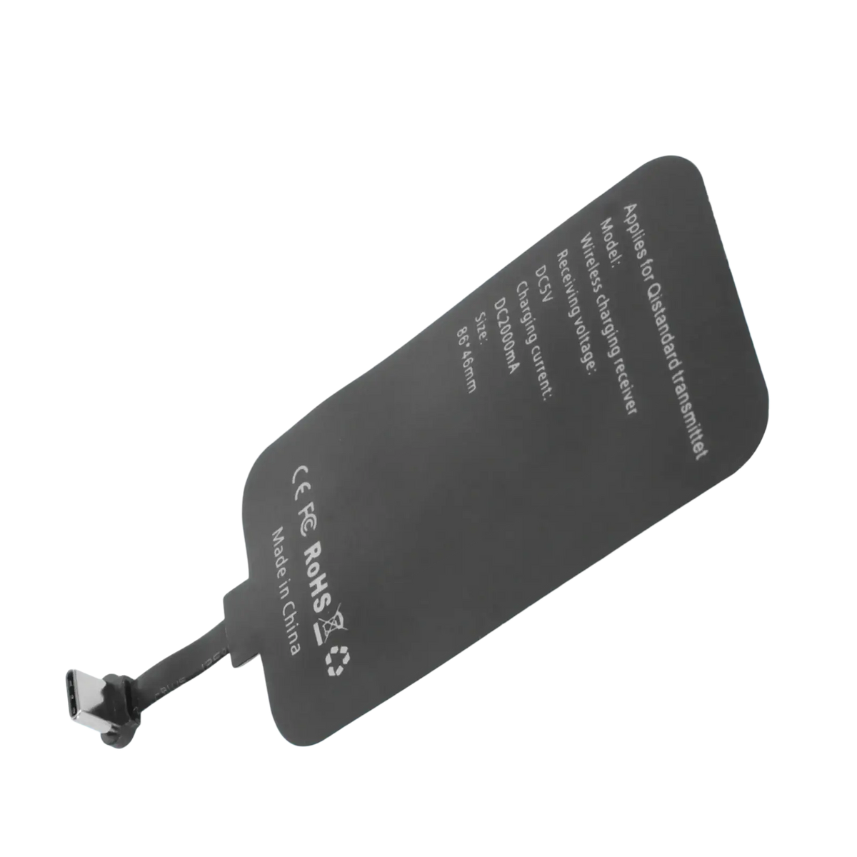 Black wireless charging receiver with usb-c connector and printed specifications for 10w fast wireless charging