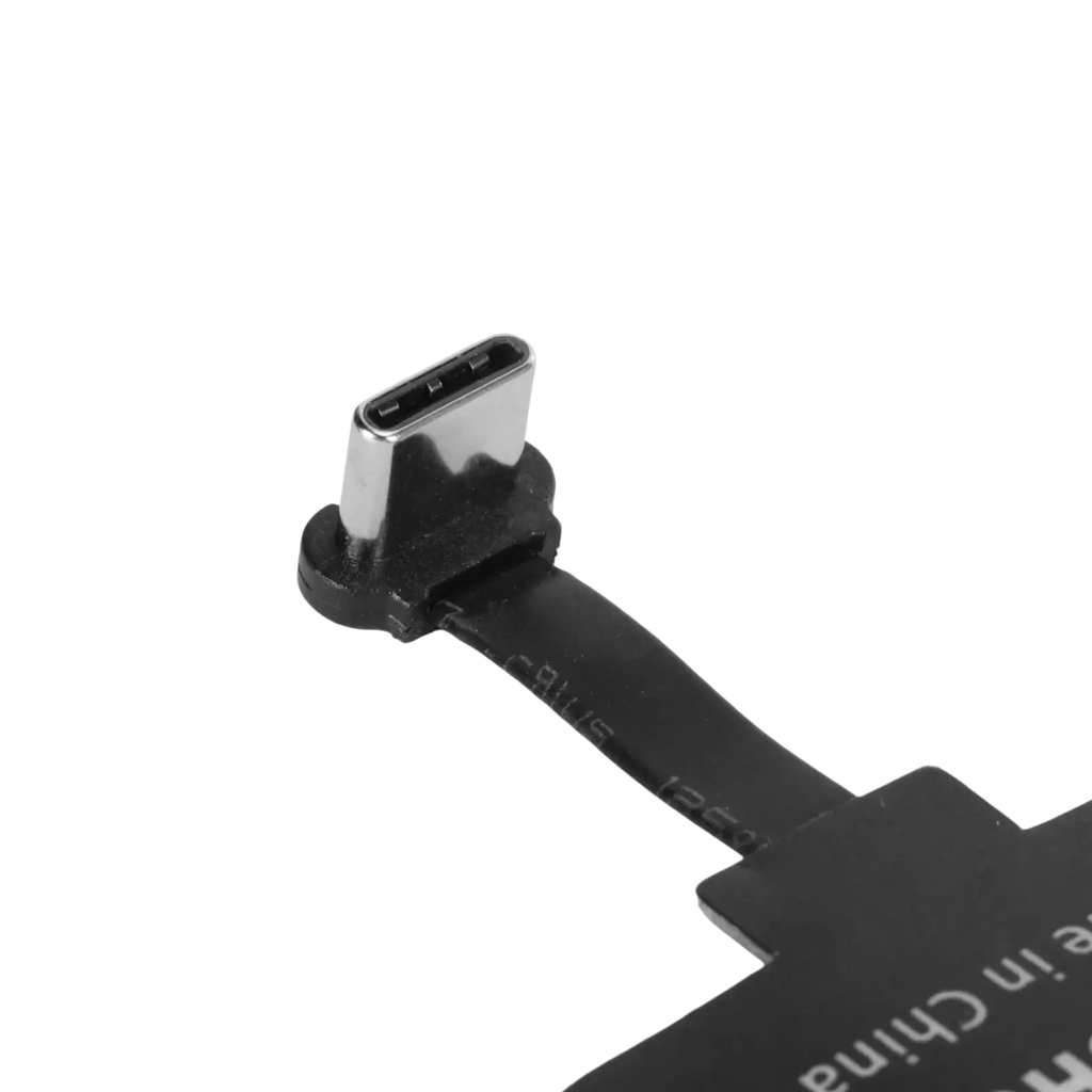 Black usb-c wireless charging receiver with metallic connector and flexible cable for fast 10w wireless charging
