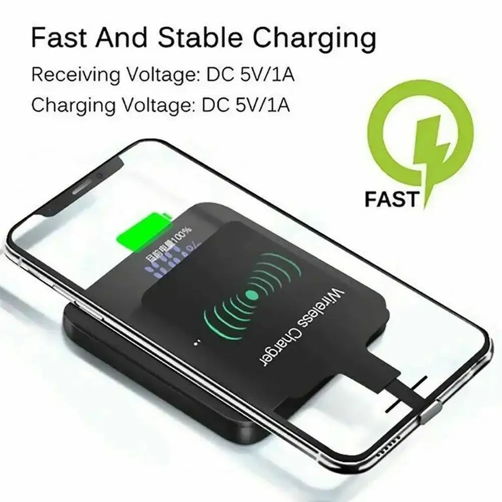 Black wireless charging receiver for android type c with green illuminated wave pattern for fast stable charging