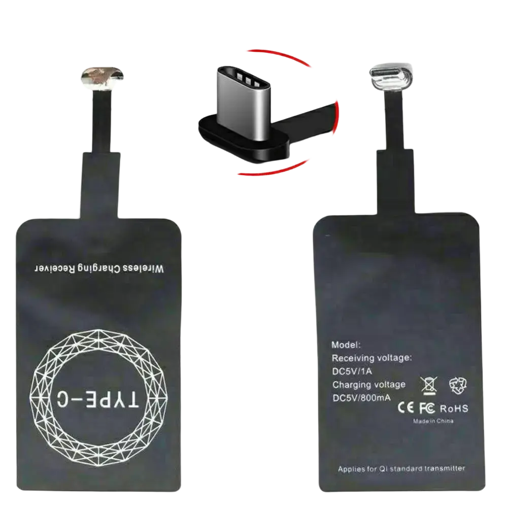 Black rectangular wireless charging receiver for android type c with silver connector and white geometric logo