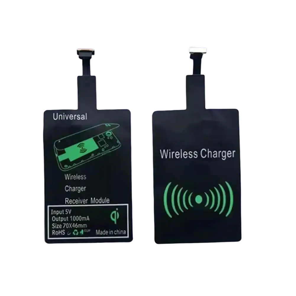 Black rectangular wireless charging receiver module for android type c with qi logo and green text specifications visible