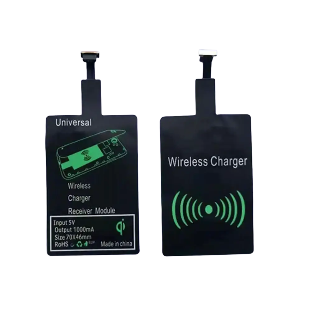 Black rectangular wireless charging receiver for android type c with green printed circuit and top connector for wireless charging