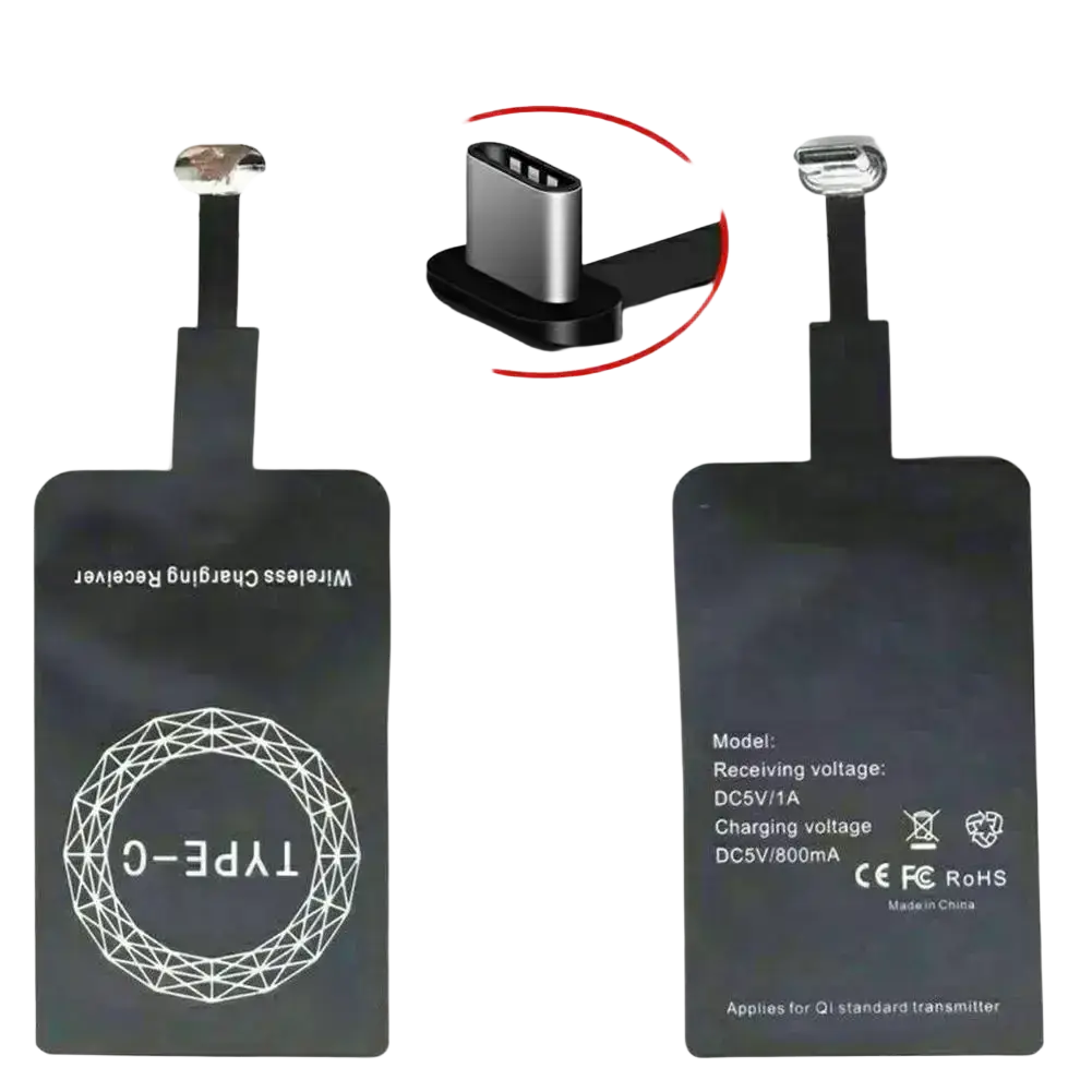 Black rectangular wireless charging receiver with silver type-c connector and white geometric logo for android devices