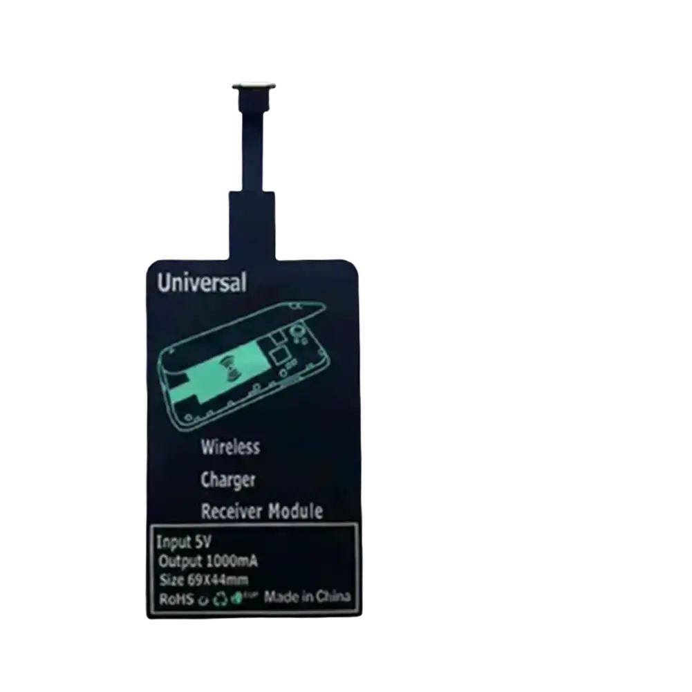 Black universal wireless charging receiver with sleek rectangular design and printed specifications for android type c