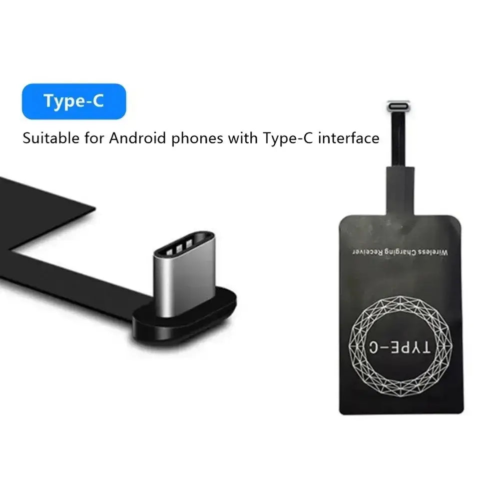 Black wireless charging receiver with silver type-c logo and matching type-c cable adapter for micro-usb b devices