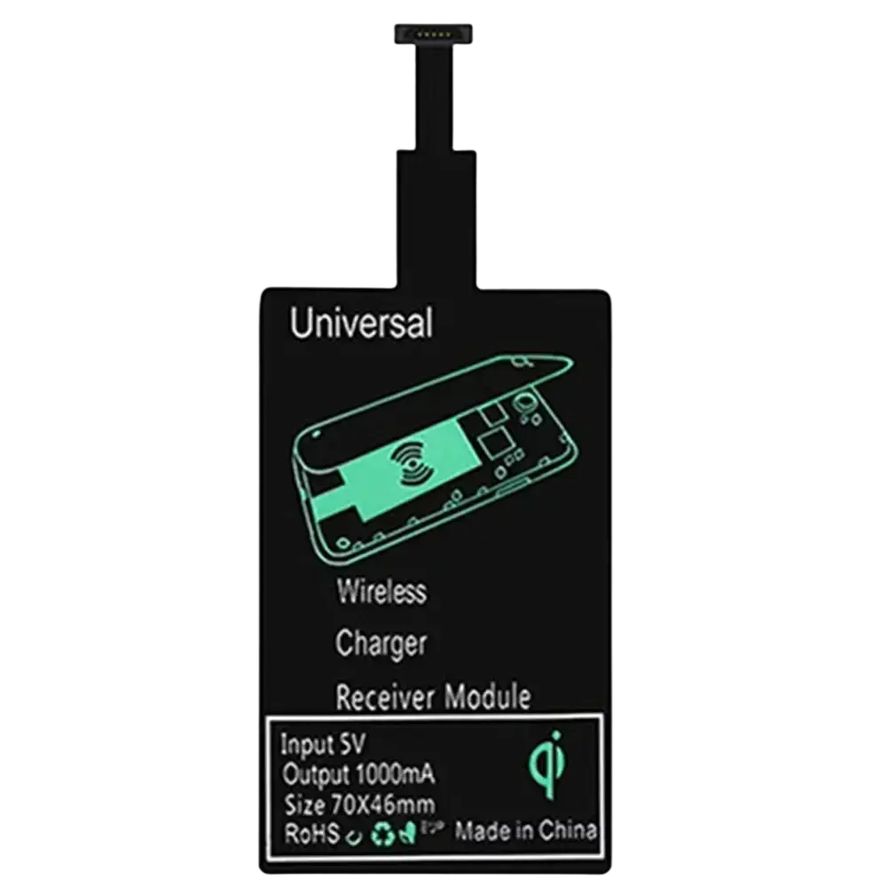 Wireless charging receiver for micro-usb b in black with sleek rectangular design and visible green circuitry module