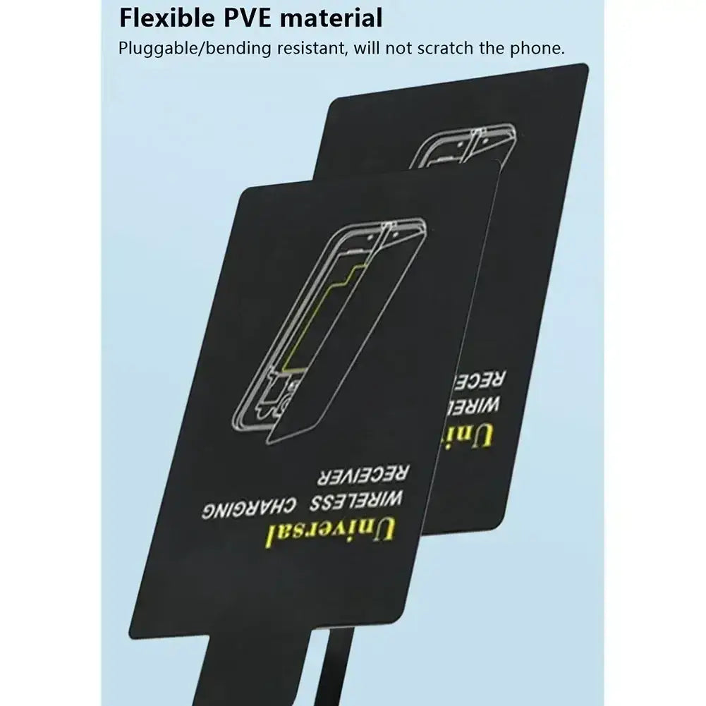 Black flexible pve wireless charging receiver pad for micro usb b with yellow text and phone diagram for wireless charging