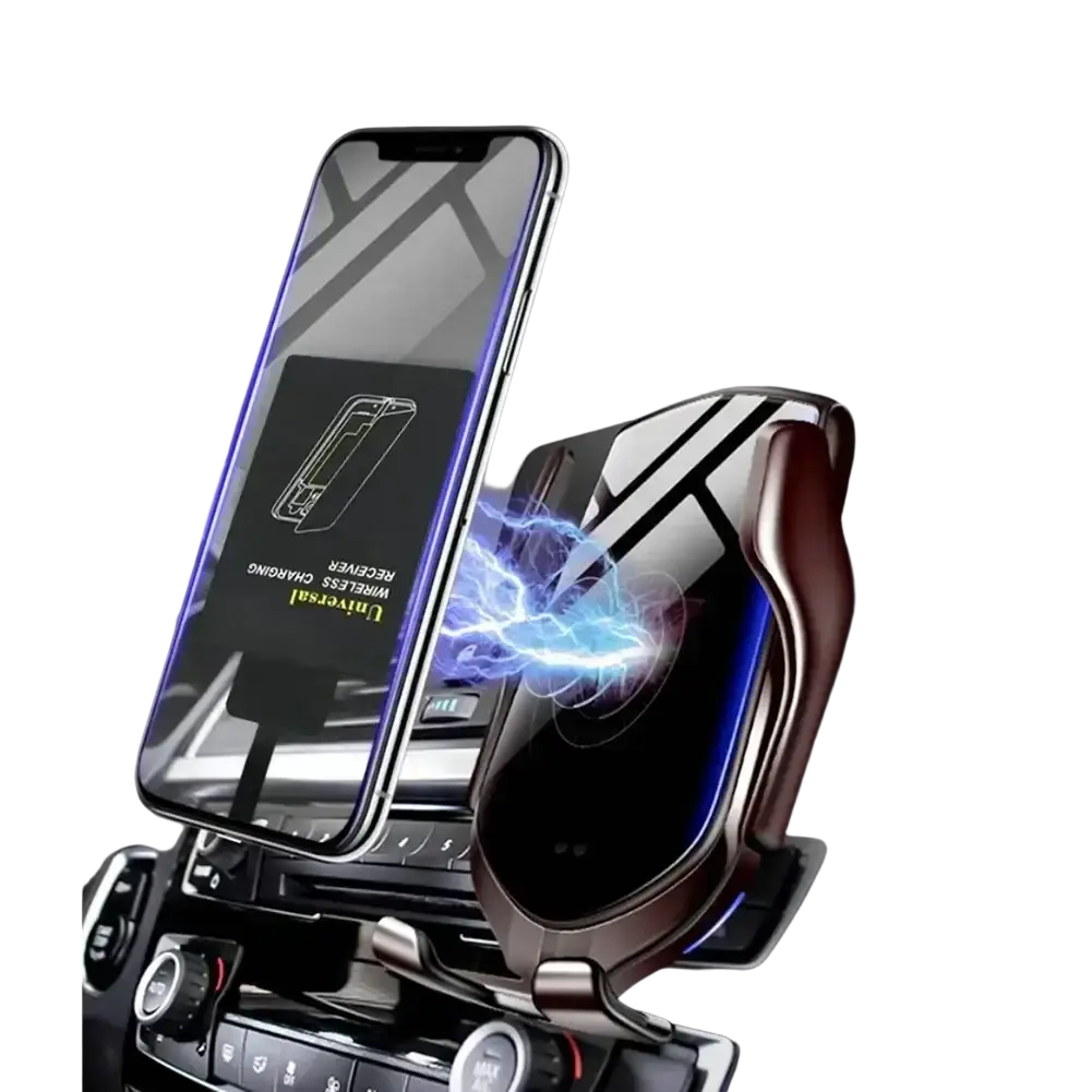 A sleek black metallic wireless charging receiver with a glossy finish and magnetic charging pad for micro-USB devices