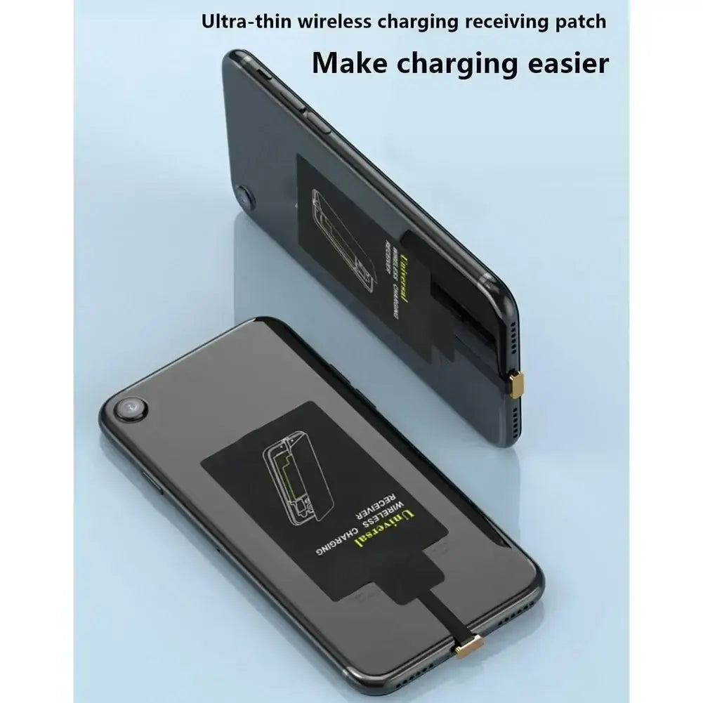 Black ultra-thin wireless charging receiver with gold connector and printed diagram for universal micro-usb charging