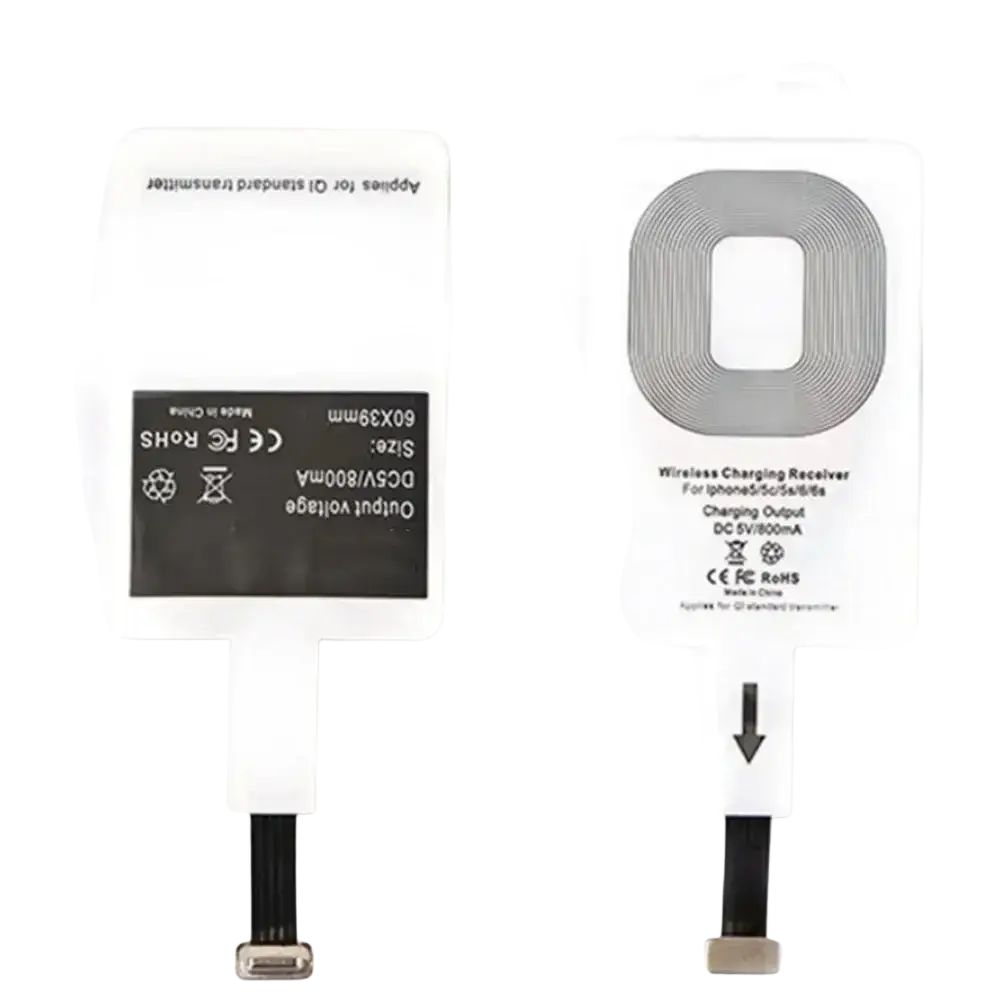 White wireless charging receiver for iphone 8 plus with silver coil design black flexible cable micro usb b charging receiver