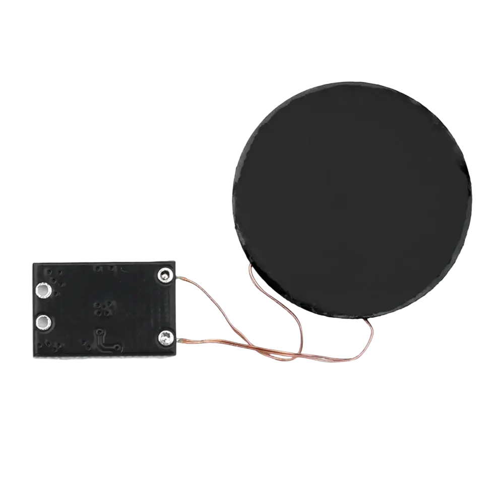 Black circular wireless charging receiver module 5v pcba board with attached circuit board and copper wires output current sensing distance and input voltage features