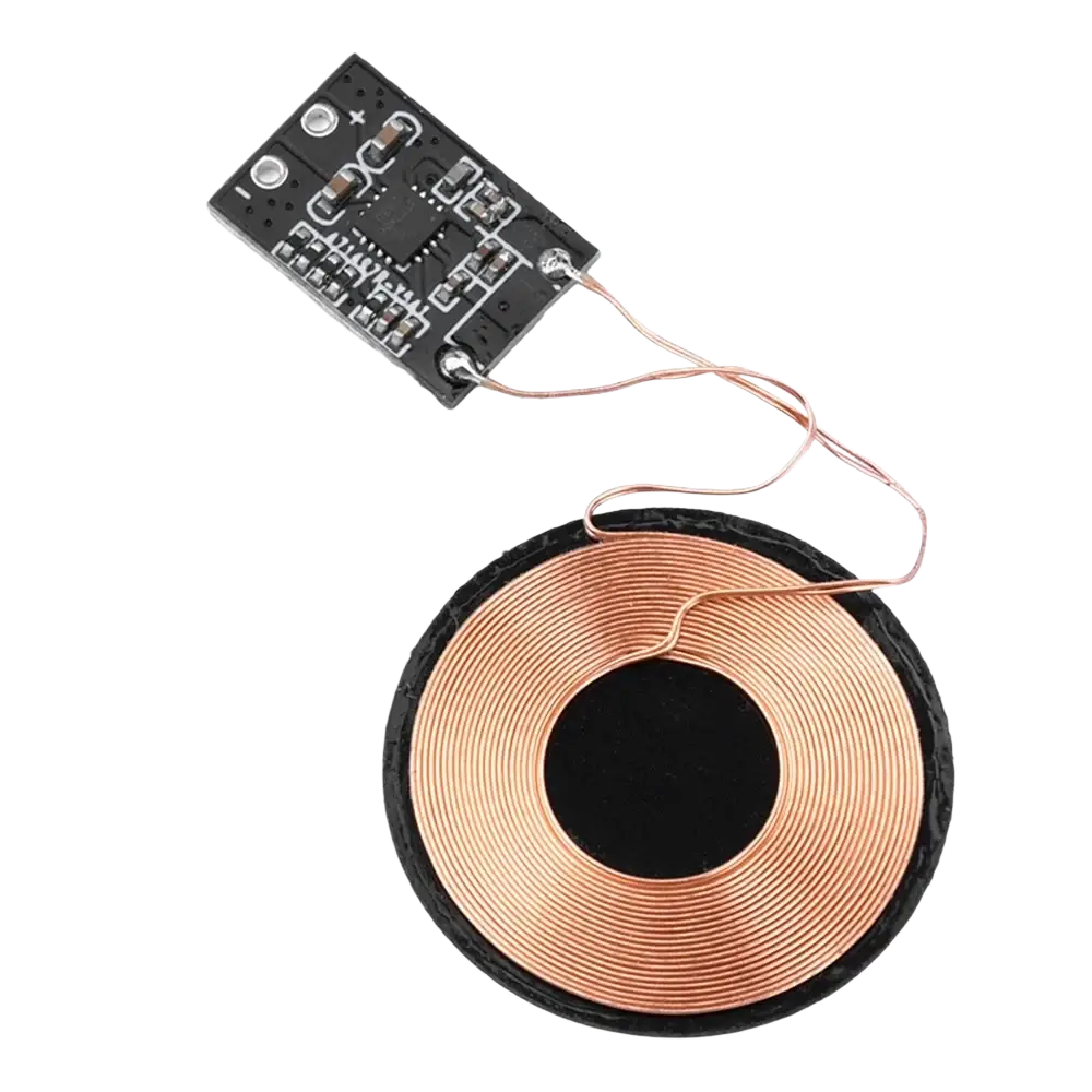 Wireless charging receiver module 5v pcba board with copper coil and black circuit board showing input voltage and output current