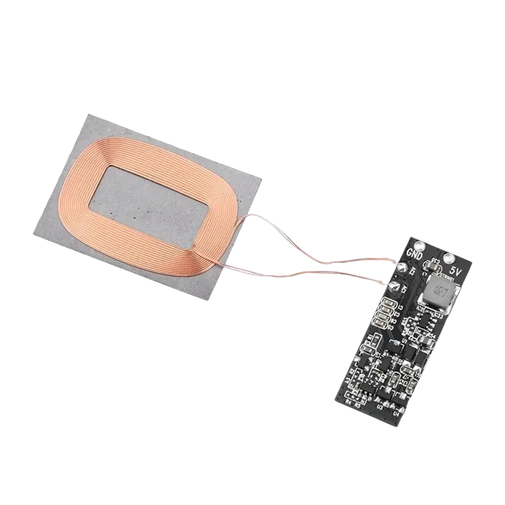 Wireless charging receiver module 5v pcba with copper coil and black circuit board for input voltage and output current control