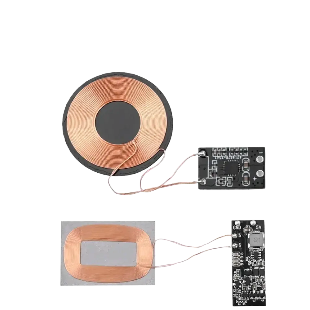 Wireless charging receiver module 5v pcba with copper wire coil and printed circuit board for input voltage control and output current management