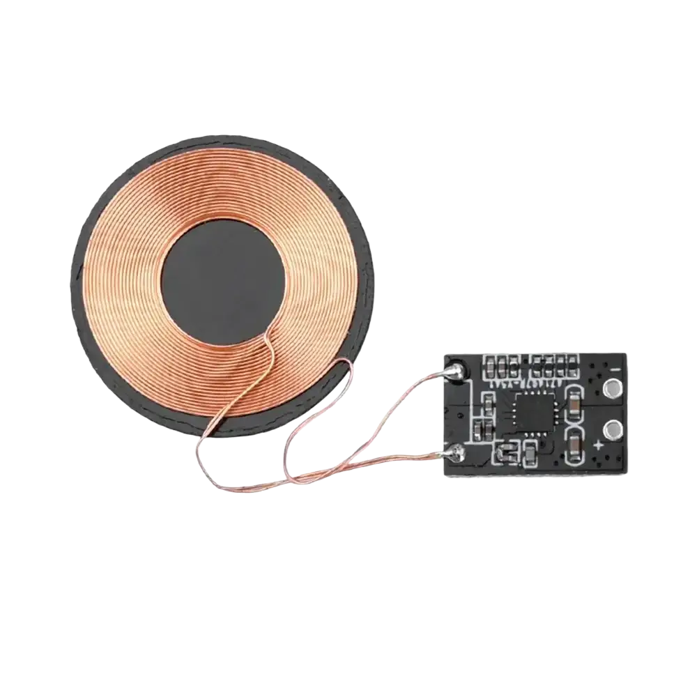 Wireless charging receiver module 5v pcba with copper coil, black circuit board, silver connectors, input voltage and output current