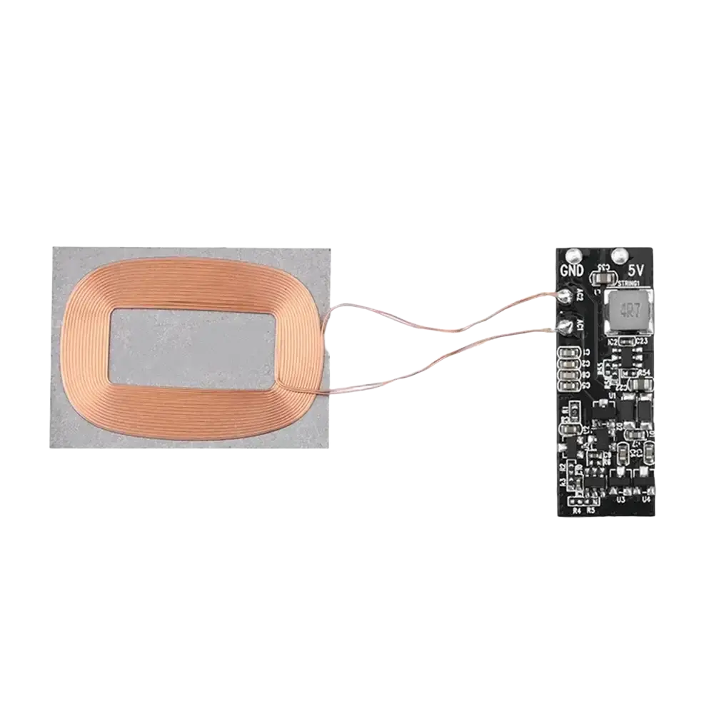Wireless charging receiver module 5v pcba with copper-colored inductive coil and black pcb showing input voltage and output current components