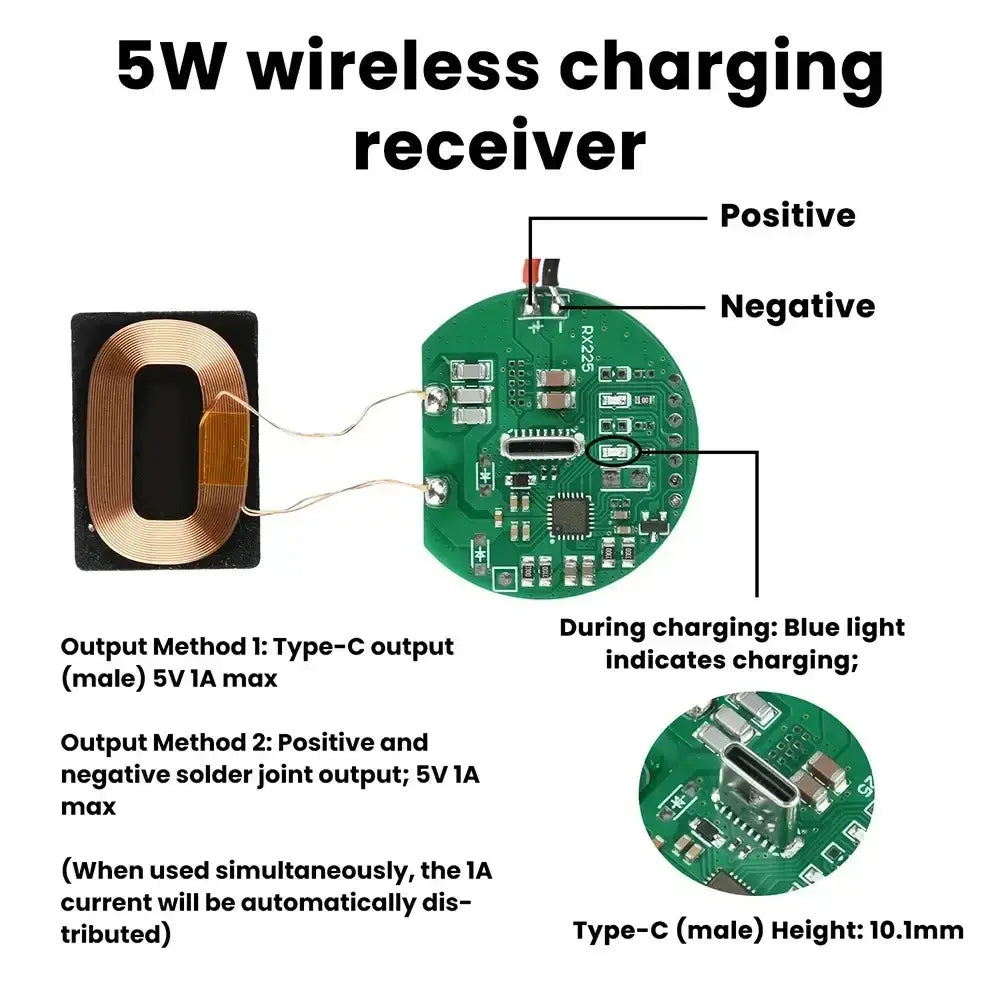 Green circular wireless charging receiver module with type-c male output and solder pad output options for easy installation