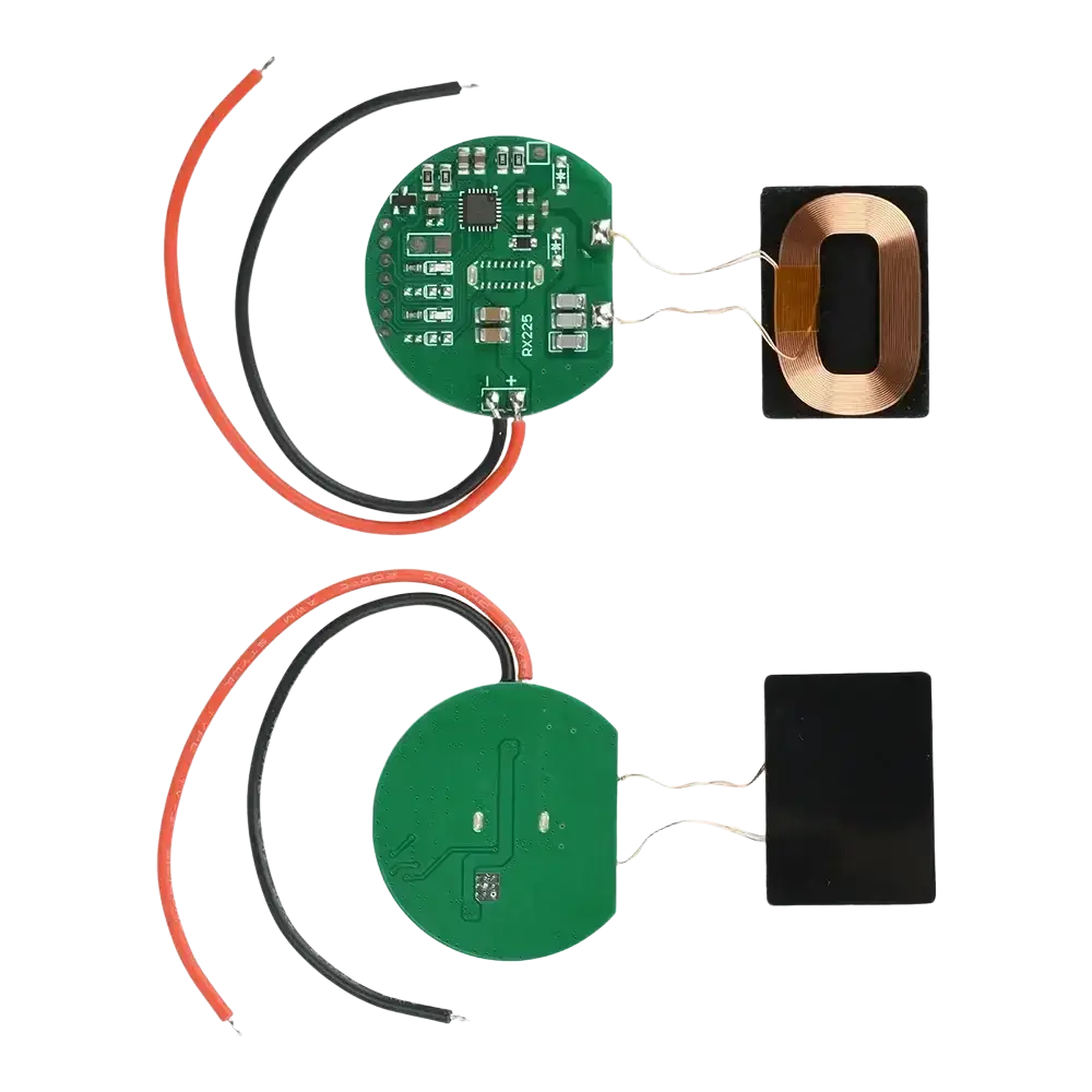 Green circular wireless charging receiver module with copper coils and solder pad output for type-c connection