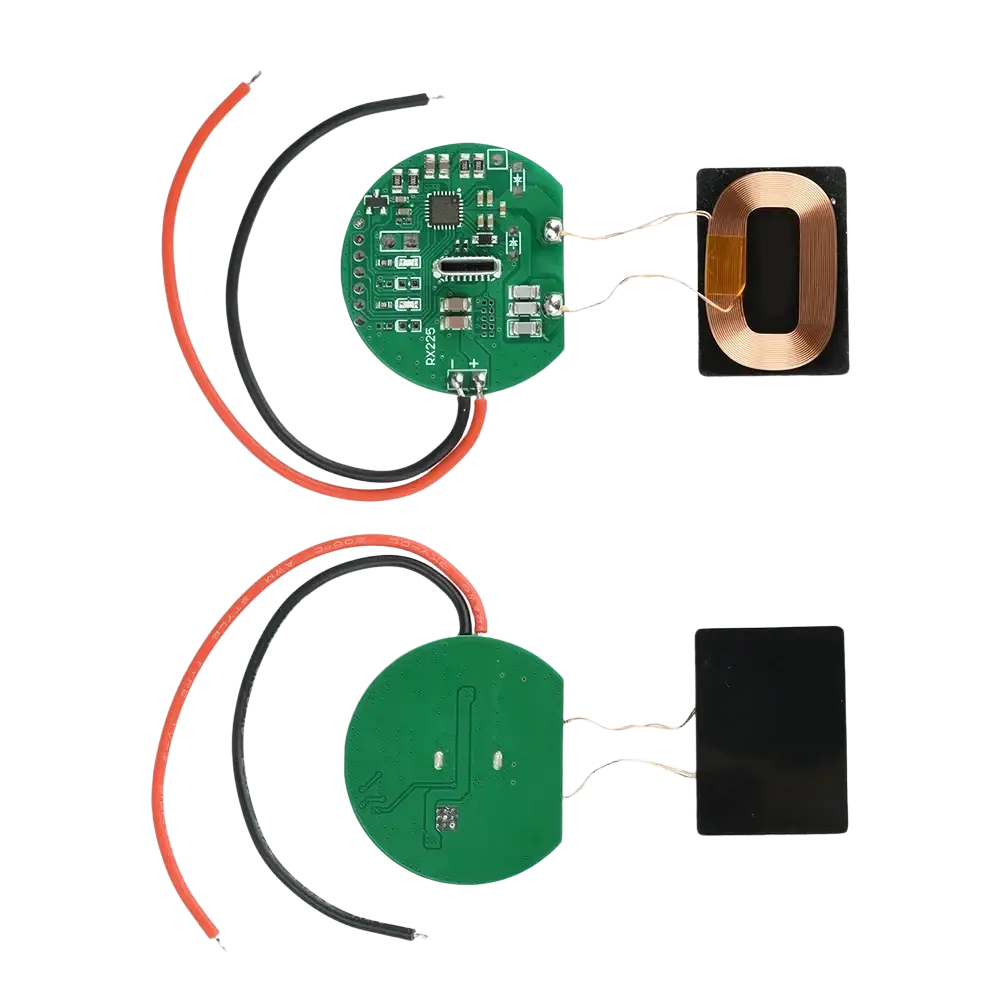 Green circular wireless charging receiver module type-c with copper coil and red black wires positive negative solder pad output