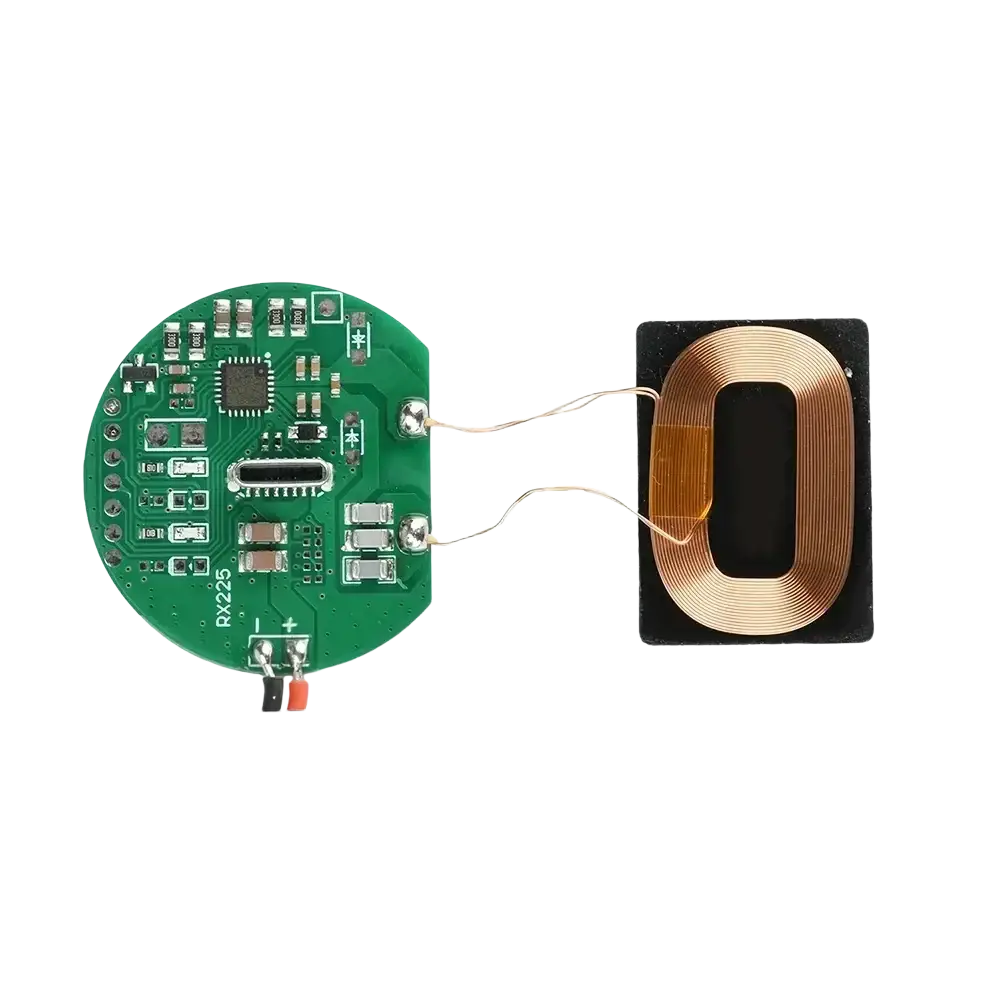 Green circular wireless charging receiver module with copper coil and type-c solder pad output for wireless charging