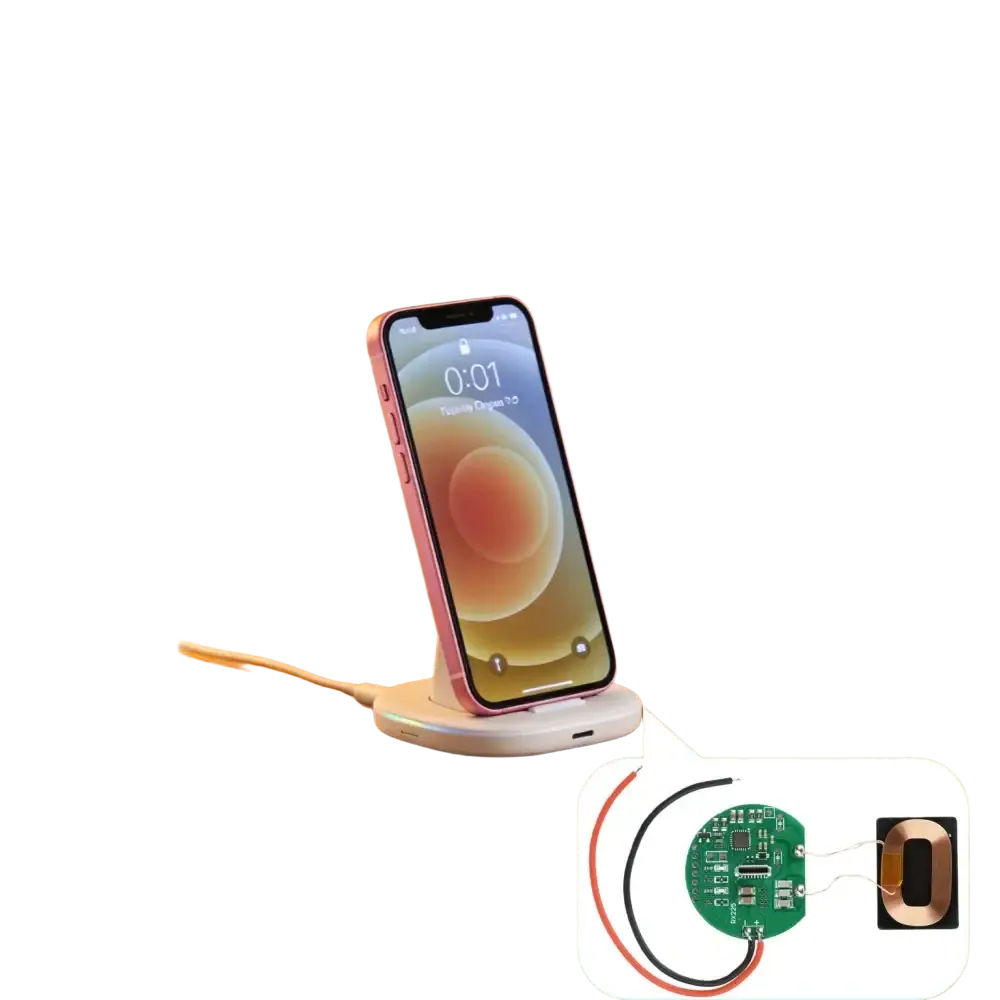 Pink iphone 12 on white wireless charging stand demonstrating wireless charging receiver module with solder pad output