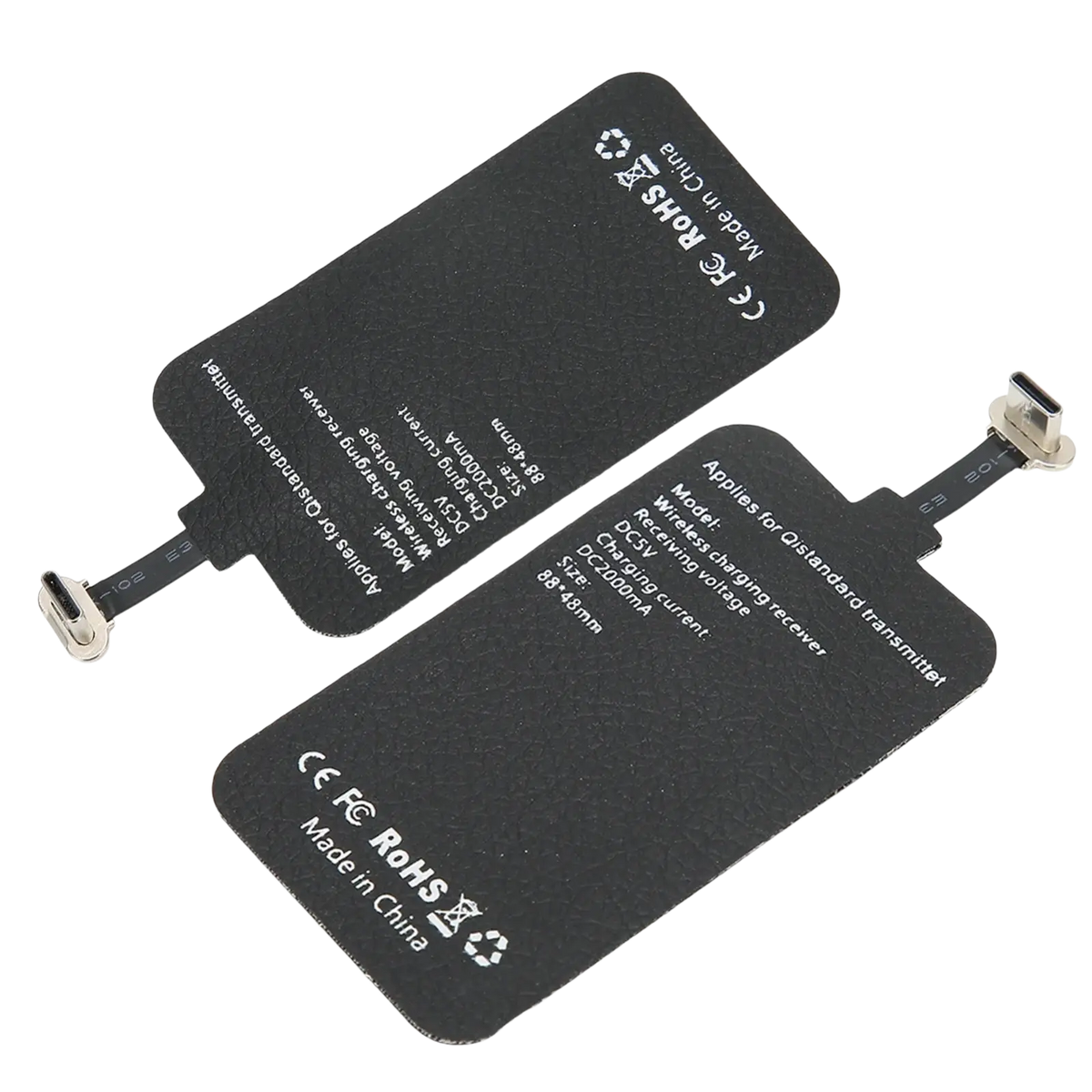 Black leather-like wireless charging receiver pads with usb-c connectors for 10w wireless charging receiver use