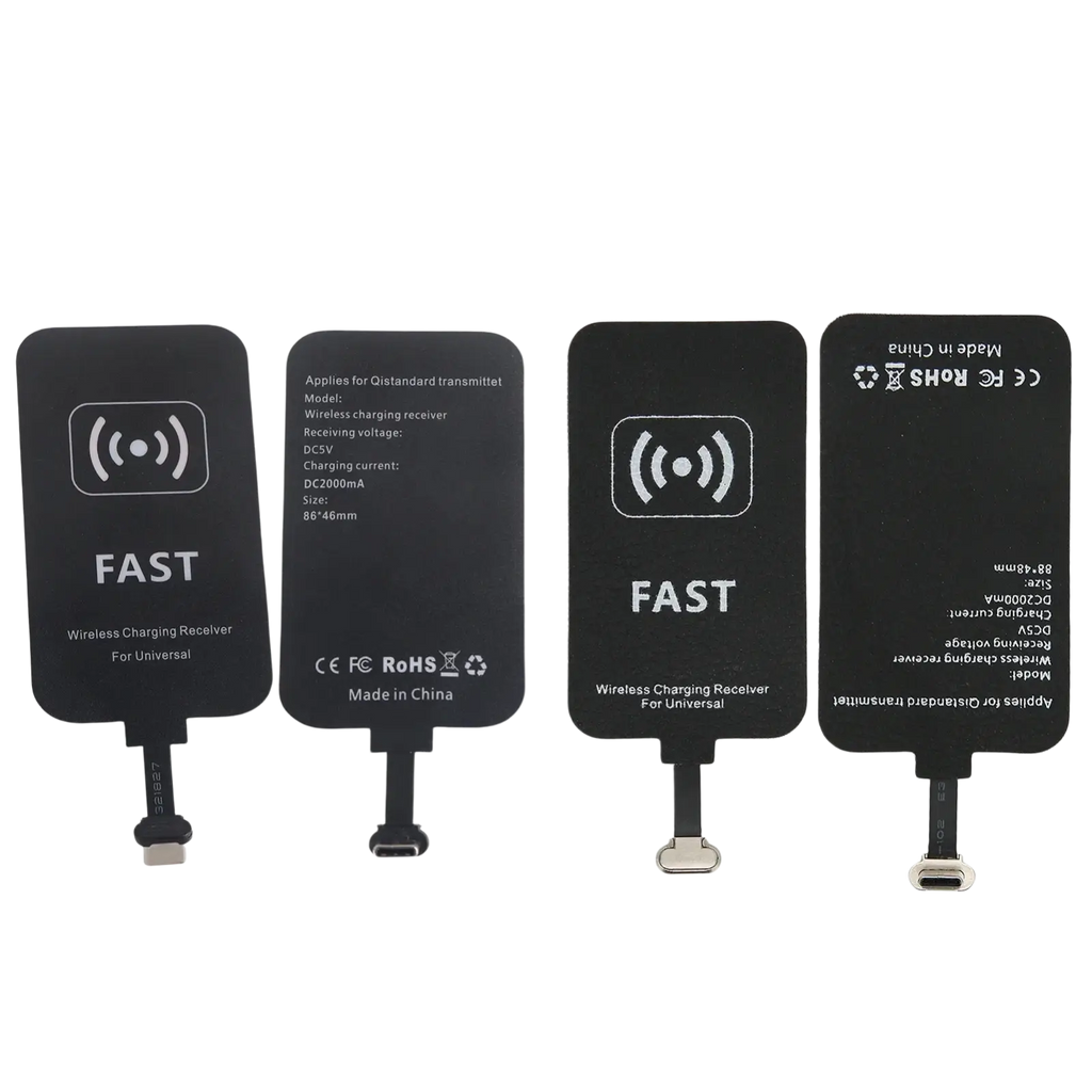 Black rectangular wireless charging receiver type c with silver connector and white fast logo for universal use
