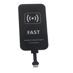 Black rectangular wireless charging receiver with usb-c connector and white fast branding for 10w wireless charging