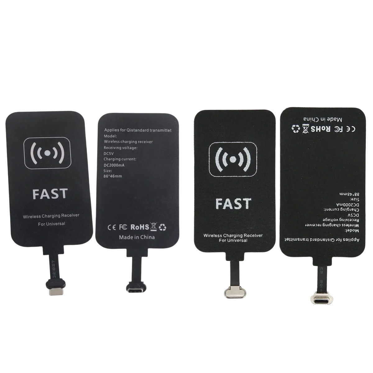 Black rectangular wireless charging receiver type c 10w with silver connector and white fast logo for universal use