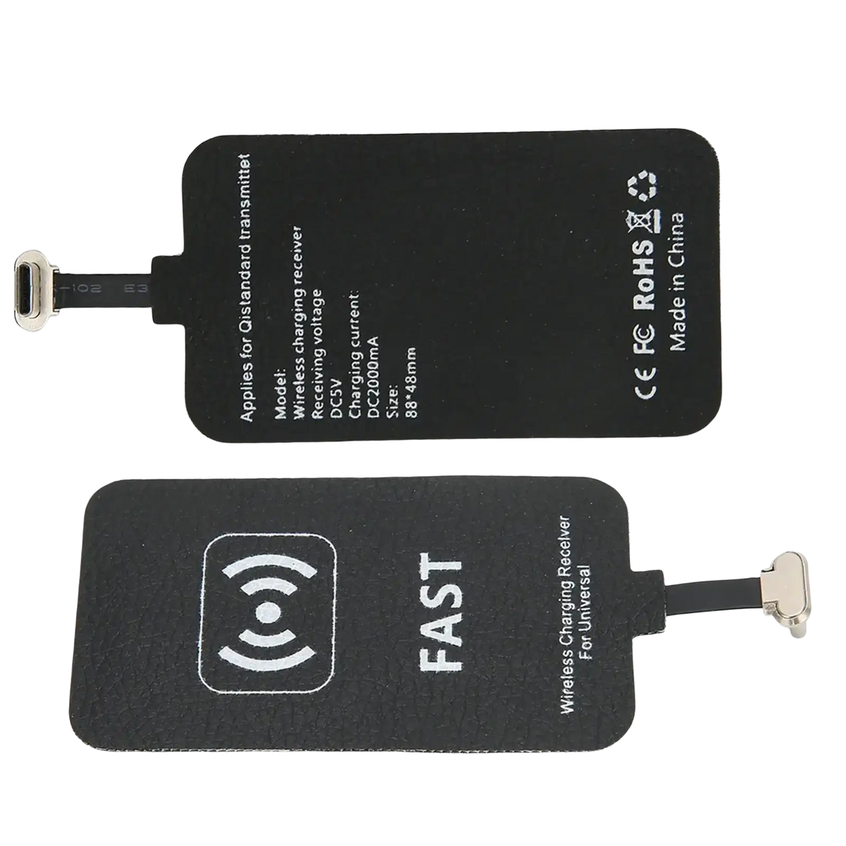 Black rectangular wireless charging receiver type c 10w with metallic connector and white printed text for wireless charging